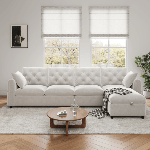 Sofá moderno de veludo 281x86x71 cm - Espaço de arrumação no canto, braços com bolsos - Bege
