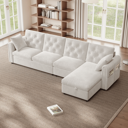 Sofá moderno de veludo 281x86x71 cm - Espaço de arrumação no canto, braços com bolsos - Bege
