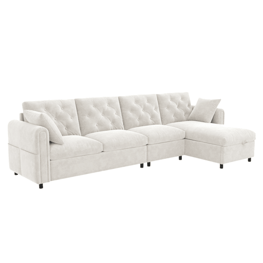 Sofá moderno de veludo 281x86x71 cm - Espaço de arrumação no canto, braços com bolsos - Bege