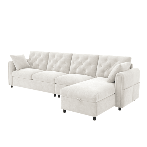 Sofá moderno de veludo 281x86x71 cm - Espaço de arrumação no canto, braços com bolsos - Bege