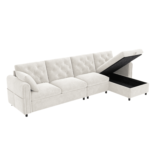 Sofá moderno de veludo 281x86x71 cm - Espaço de arrumação no canto, braços com bolsos - Bege