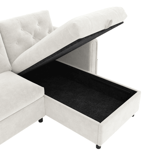 Sofá moderno de veludo 281x86x71 cm - Espaço de arrumação no canto, braços com bolsos - Bege