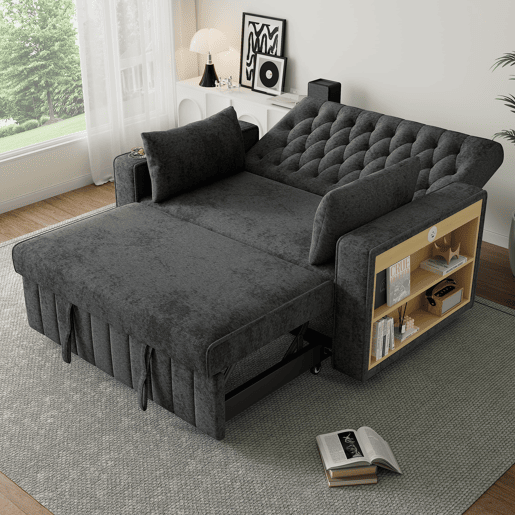 Sofá-cama multifuncional de 3 lugares - com arrumação, função cama, porta-copos, USB e almofadas - Cinza