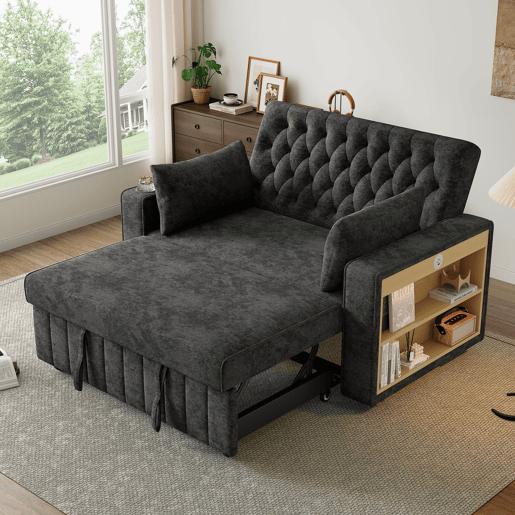 Sofá-cama multifuncional de 3 lugares - com arrumação, função cama, porta-copos, USB e almofadas - Cinza