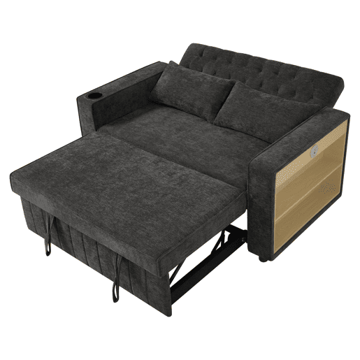 Sofá-cama multifuncional de 3 lugares - com arrumação, função cama, porta-copos, USB e almofadas - Cinza