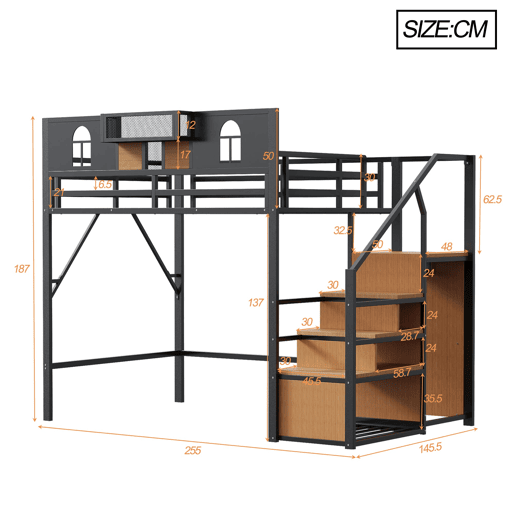 Cama alta metálica 140x200 cm - Com escada de armazenamento, janela, madeira e rede, estrutura metálica, preta