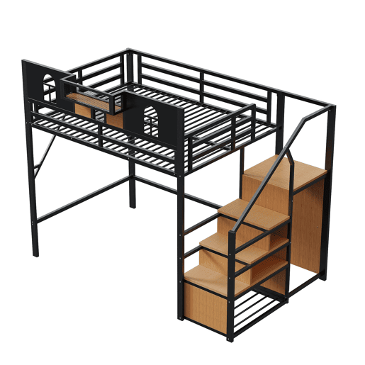 Cama alta metálica 140x200 cm - Com escada de armazenamento, janela, madeira e rede, estrutura metálica, preta
