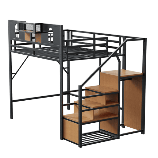 Cama alta metálica 140x200 cm - Com escada de armazenamento, janela, madeira e rede, estrutura metálica, preta