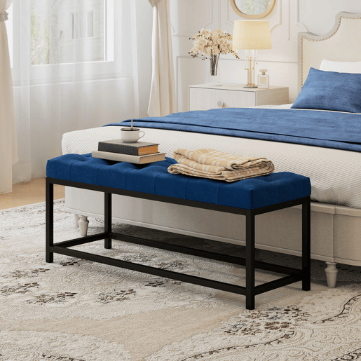 HOMCOM Banco ao Pé da Cama Estofado em Veludo Banqueta para Quarto Design Capitoné Base de Metal Banco para Quarto Entrada Sala 117x40x48 cm Azul Escuro