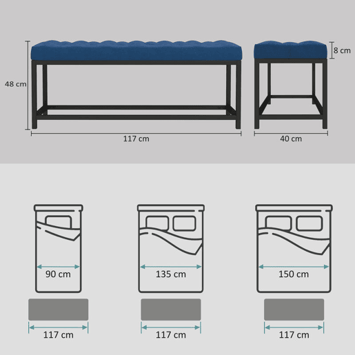 HOMCOM Banco ao Pé da Cama Estofado em Veludo Banqueta para Quarto Design Capitoné Base de Metal Banco para Quarto Entrada Sala 117x40x48 cm Azul Escuro