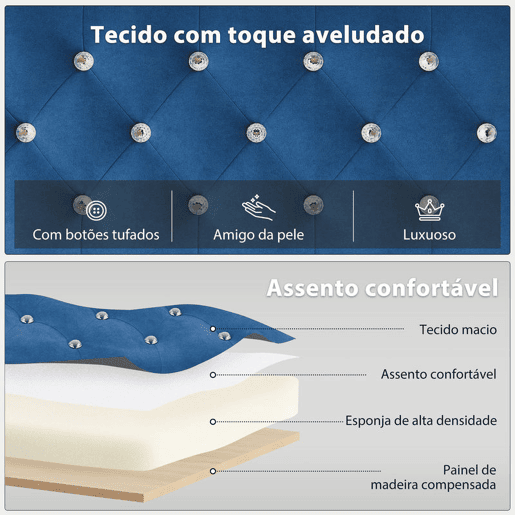 HOMCOM Banco ao Pé da Cama Estofado em Veludo Banqueta para Quarto Design Capitoné Base de Metal Banco para Quarto Entrada Sala 117x40x48 cm Azul Escuro
