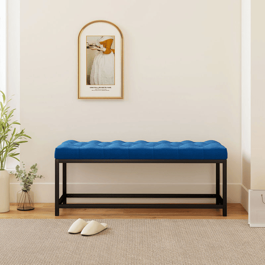 HOMCOM Banco ao Pé da Cama Estofado em Veludo Banqueta para Quarto Design Capitoné Base de Metal Banco para Quarto Entrada Sala 117x40x48 cm Azul Escuro