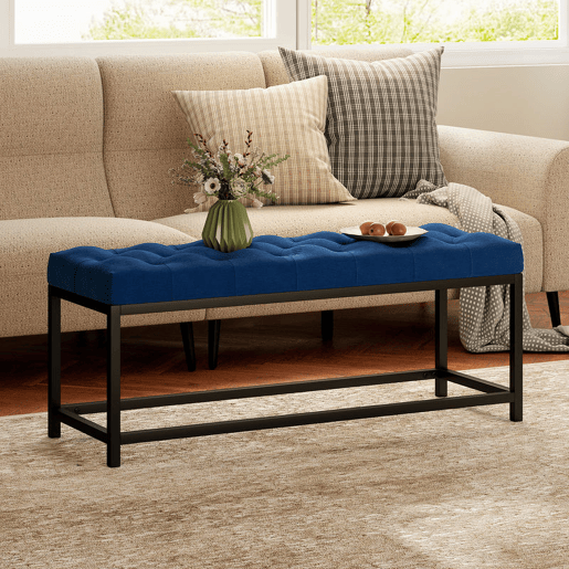 HOMCOM Banco ao Pé da Cama Estofado em Veludo Banqueta para Quarto Design Capitoné Base de Metal Banco para Quarto Entrada Sala 117x40x48 cm Azul Escuro