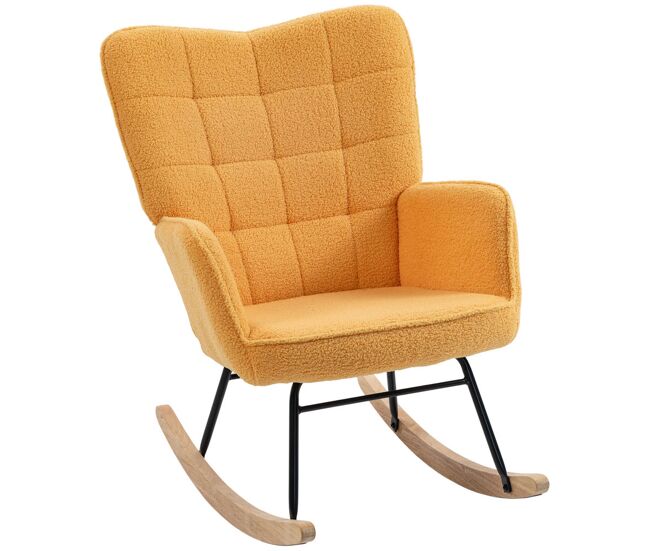 Homcom silla mecedora, mecedora de borreguito con respaldo alto, patas de madera de haya, reposabrazos, estilo moderno, sillón de lactancia, carga 120 kg, para dormitorio, salón, amarillo