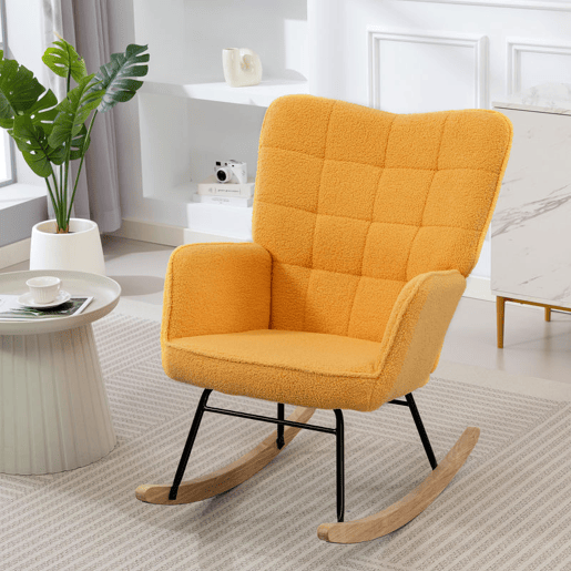HOMCOM Poltrona Baloiço Poltrona de Sala de Estar Oscilação de 40° com Pés de Madeira de Faia e Estrutura de Aço para Dormitório Carga Máxima 120 kg 71x98x101 cm Amarelo