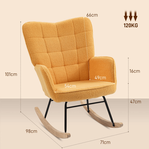 HOMCOM Poltrona Baloiço Poltrona de Sala de Estar Oscilação de 40° com Pés de Madeira de Faia e Estrutura de Aço para Dormitório Carga Máxima 120 kg 71x98x101 cm Amarelo