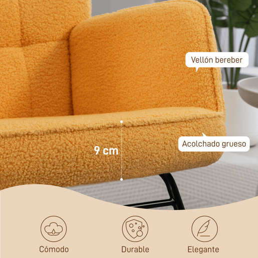HOMCOM Poltrona Baloiço Poltrona de Sala de Estar Oscilação de 40° com Pés de Madeira de Faia e Estrutura de Aço para Dormitório Carga Máxima 120 kg 71x98x101 cm Amarelo