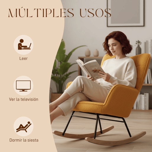 HOMCOM Poltrona Baloiço Poltrona de Sala de Estar Oscilação de 40° com Pés de Madeira de Faia e Estrutura de Aço para Dormitório Carga Máxima 120 kg 71x98x101 cm Amarelo