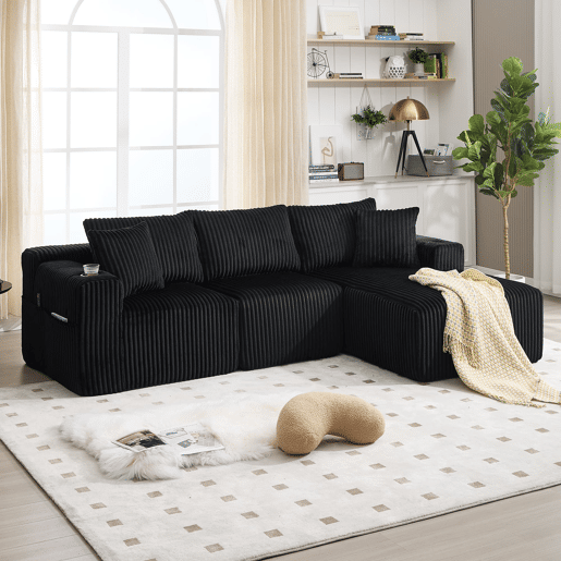 Sofá modular de 3 lugares - Chaise longue, 5 almofadas, bolsos, suporte para bebidas, espuma densa - Preto