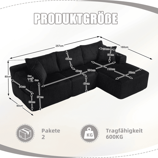 Sofá modular de 3 lugares - Chaise longue, 5 almofadas, bolsos, suporte para bebidas, espuma densa - Preto