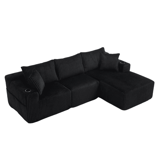 Sofá modular de 3 lugares - Chaise longue, 5 almofadas, bolsos, suporte para bebidas, espuma densa - Preto