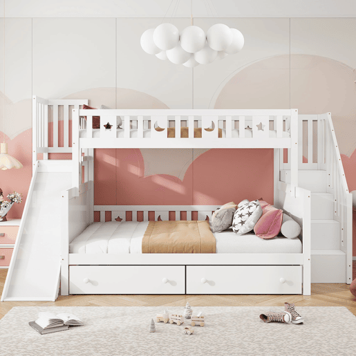 Cama infantil 90x200140x200 cm - Beliche em madeira maciça com escorregador, prateleira, 2 gavetas, branco
