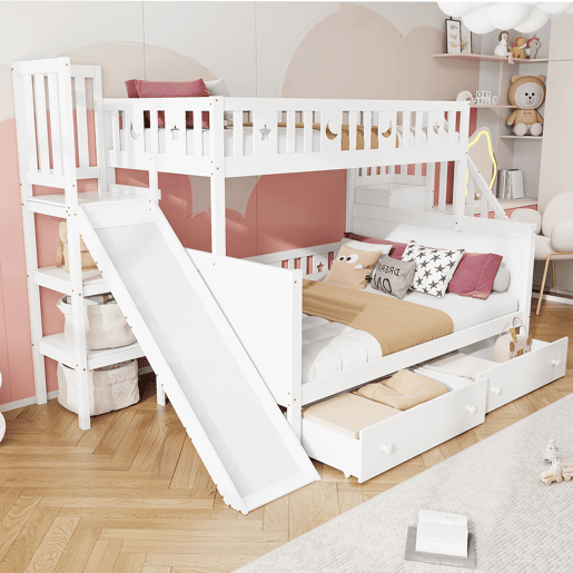 Cama infantil 90x200140x200 cm - Beliche em madeira maciça com escorregador, prateleira, 2 gavetas, branco