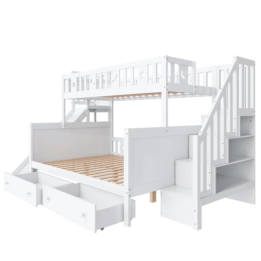 Cama infantil 90x200140x200 cm - Beliche em madeira maciça com escorregador, prateleira, 2 gavetas, branco