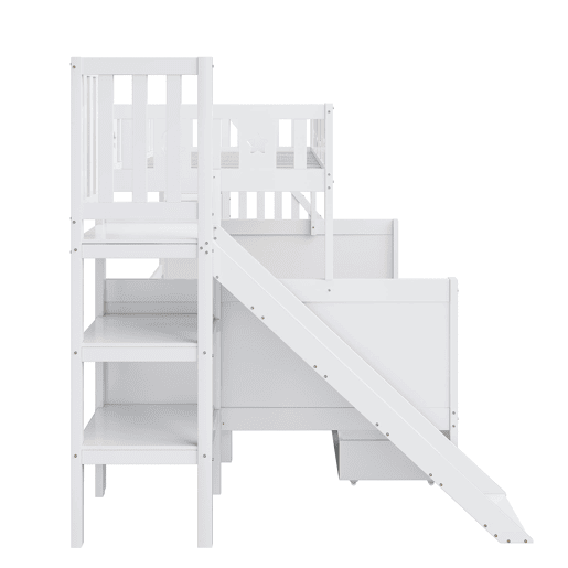 Cama infantil 90x200140x200 cm - Beliche em madeira maciça com escorregador, prateleira, 2 gavetas, branco
