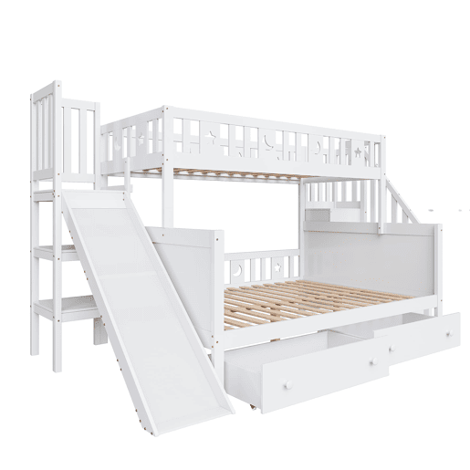 Cama infantil 90x200140x200 cm - Beliche em madeira maciça com escorregador, prateleira, 2 gavetas, branco