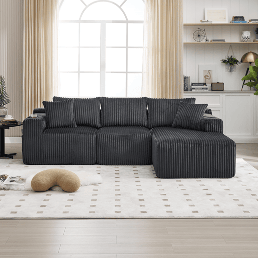 Sofá modular de 3 lugares - Chaise longue, 5 almofadas, bolsos laterais, porta-copos - Cinza