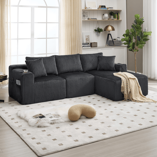 Sofá modular de 3 lugares - Chaise longue, 5 almofadas, bolsos laterais, porta-copos - Cinza