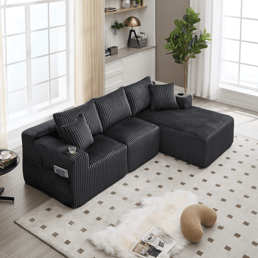 Sofá modular de 3 lugares - Chaise longue, 5 almofadas, bolsos laterais, porta-copos - Cinza