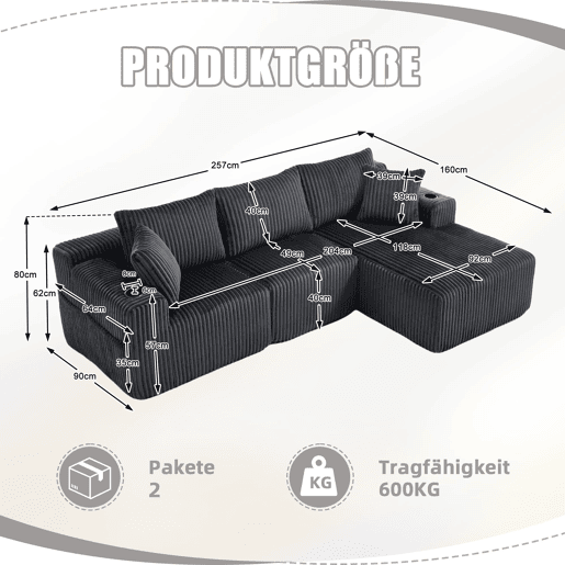 Sofá modular de 3 lugares - Chaise longue, 5 almofadas, bolsos laterais, porta-copos - Cinza