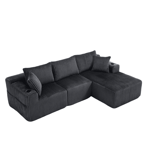 Sofá modular de 3 lugares - Chaise longue, 5 almofadas, bolsos laterais, porta-copos - Cinza