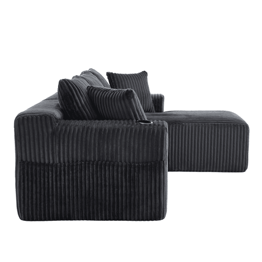 Sofá modular de 3 lugares - Chaise longue, 5 almofadas, bolsos laterais, porta-copos - Cinza