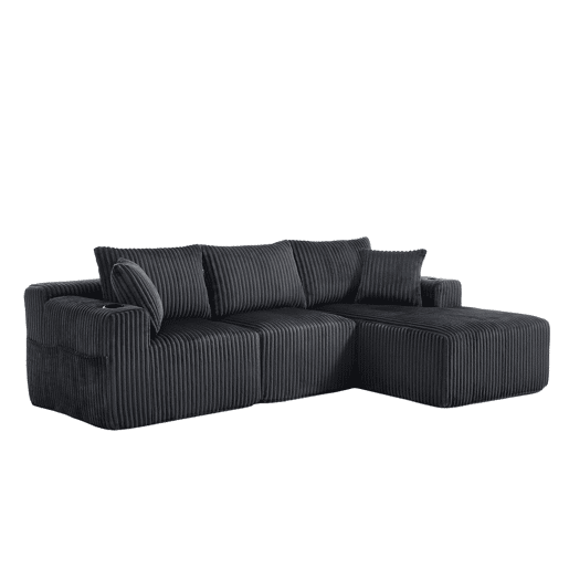 Sofá modular de 3 lugares - Chaise longue, 5 almofadas, bolsos laterais, porta-copos - Cinza
