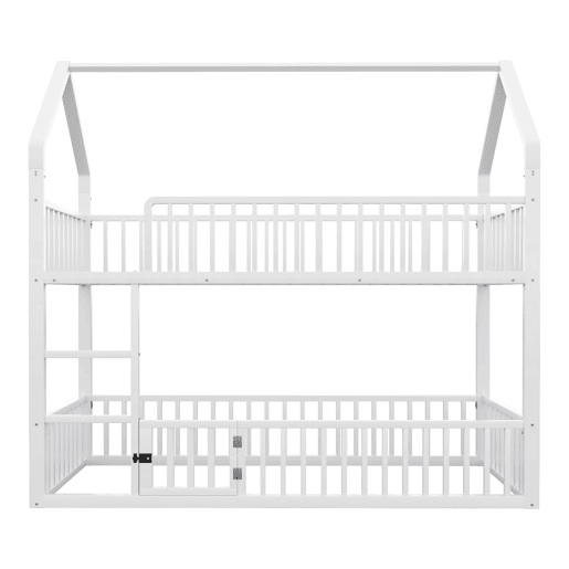 Cama beliche infantil 90x200 - Cama dupla metálica, design loft, com escada e porta pequena - Branco