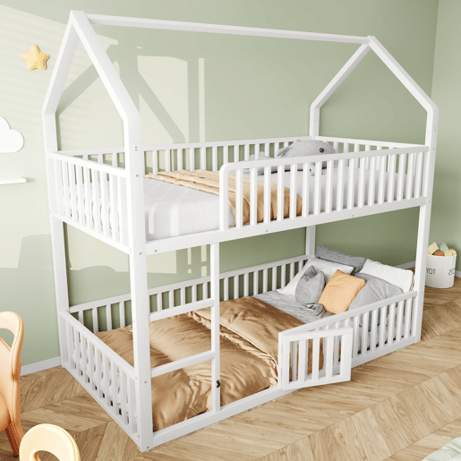 Cama beliche infantil 90x200 - Cama dupla metálica, design loft, com escada e porta pequena - Branco