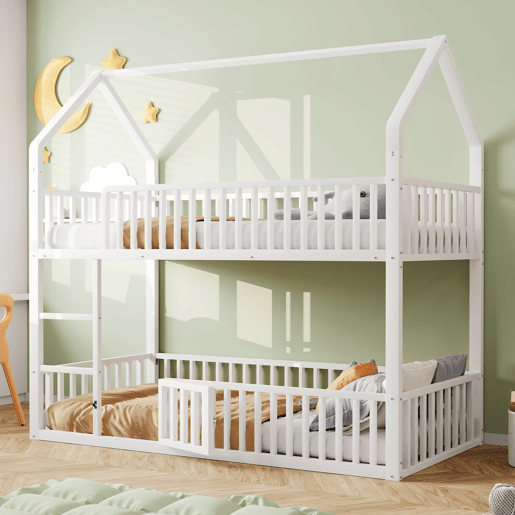 Cama beliche infantil 90x200 - Cama dupla metálica, design loft, com escada e porta pequena - Branco