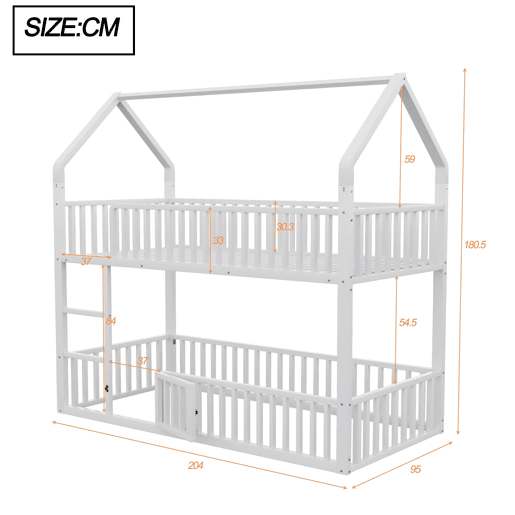 Cama beliche infantil 90x200 - Cama dupla metálica, design loft, com escada e porta pequena - Branco