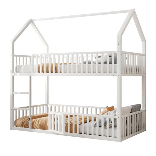 Cama beliche infantil 90x200 - Cama dupla metálica, design loft, com escada e porta pequena - Branco