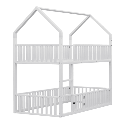 Cama beliche infantil 90x200 - Cama dupla metálica, design loft, com escada e porta pequena - Branco