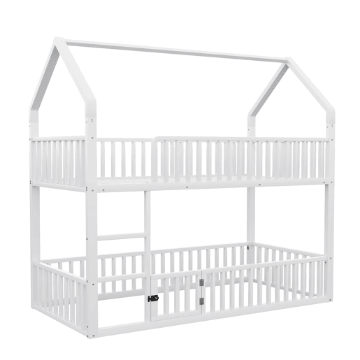 Cama beliche infantil 90x200 - Cama dupla metálica, design loft, com escada e porta pequena - Branco