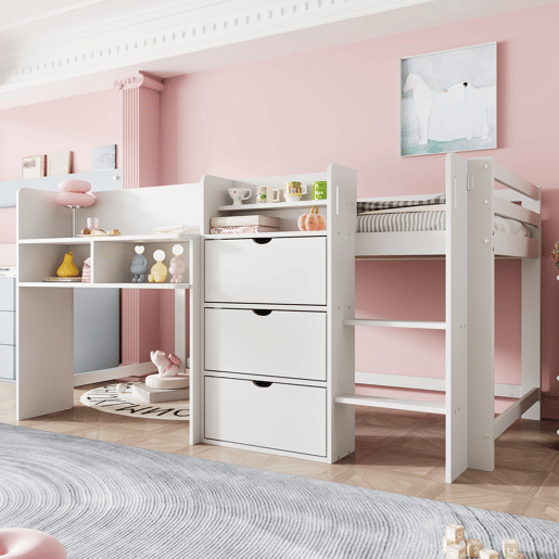 Cama semi-alta 90x200 cm - Casa, vários compartimentos de arrumação, área de entretenimento, branca