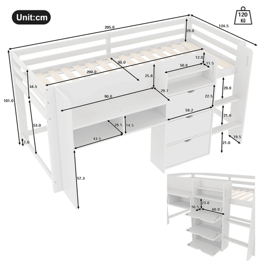 Cama semi-alta 90x200 cm - Casa, vários compartimentos de arrumação, área de entretenimento, branca
