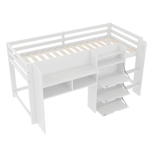 Cama semi-alta 90x200 cm - Casa, vários compartimentos de arrumação, área de entretenimento, branca