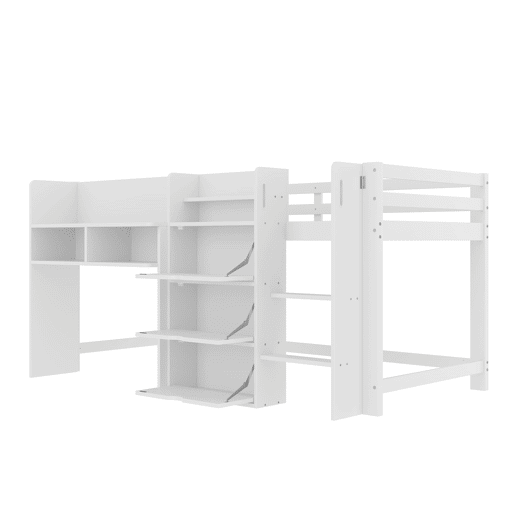 Cama semi-alta 90x200 cm - Casa, vários compartimentos de arrumação, área de entretenimento, branca