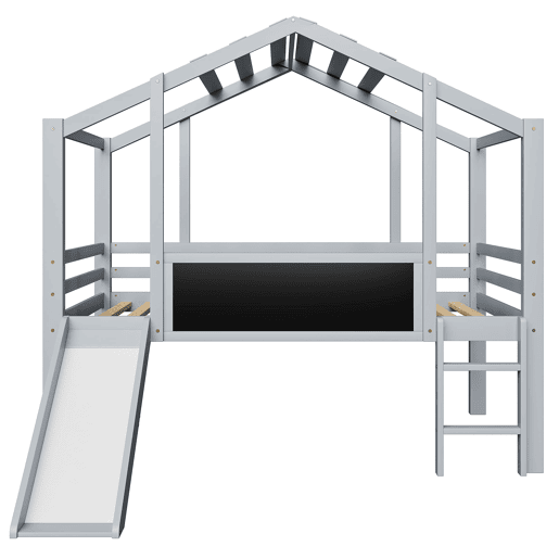 Cama infantil 90x200 cm - Design loft, escada e escorregador de segurança, quadro de grafite, madeira maciça, cinza