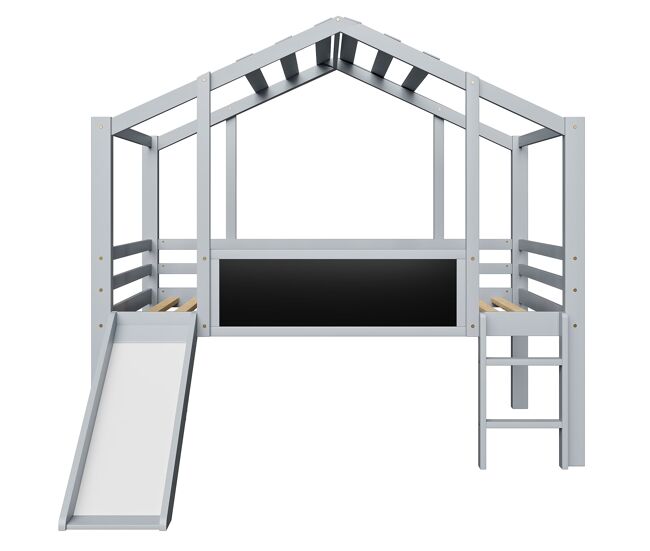 Cama infantil 90x200 cm - diseño loft, escalera y tobogán de seguridad, pizarra graffiti, madera maciza, gris